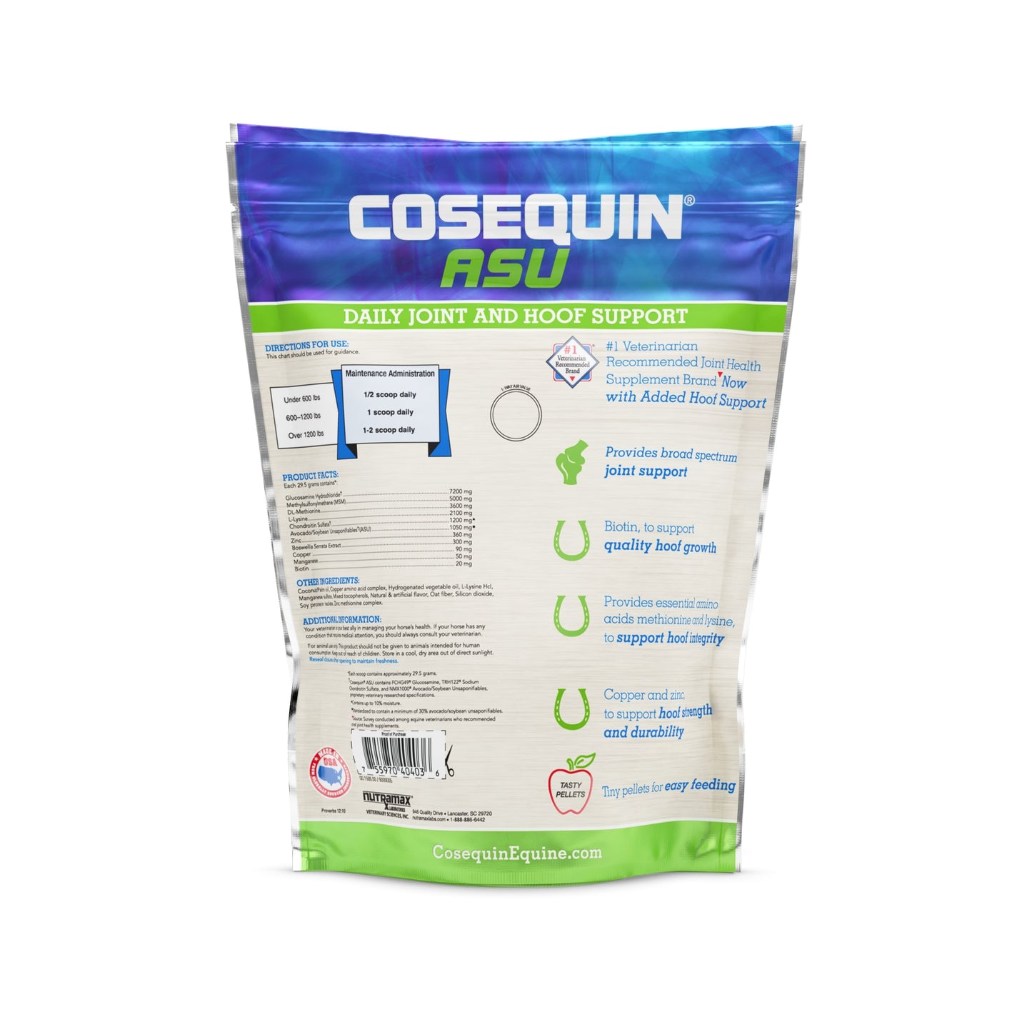 Nutramax Cosequin ASU Joint & Hoof Pellets Joint Health Supplement for Horses - Pellets with Glucosamine, Chondroitin, MSM, and Biotin